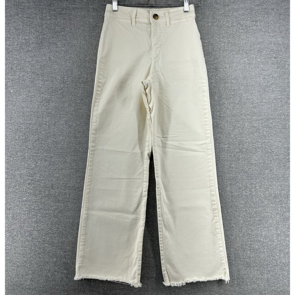 Marine Layer Pants - Marine Layer Charlie Wide Leg Denim Pants Women‎ Size 0 Petite Cream Raw Hem